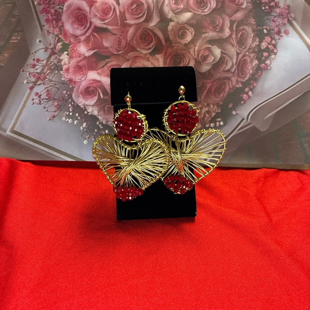 Gold and Red Heart Earrings
